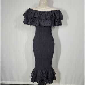 Charo Ruiz Black Shirred Embroidered Off the Shoulder Long Dress Luisa Small